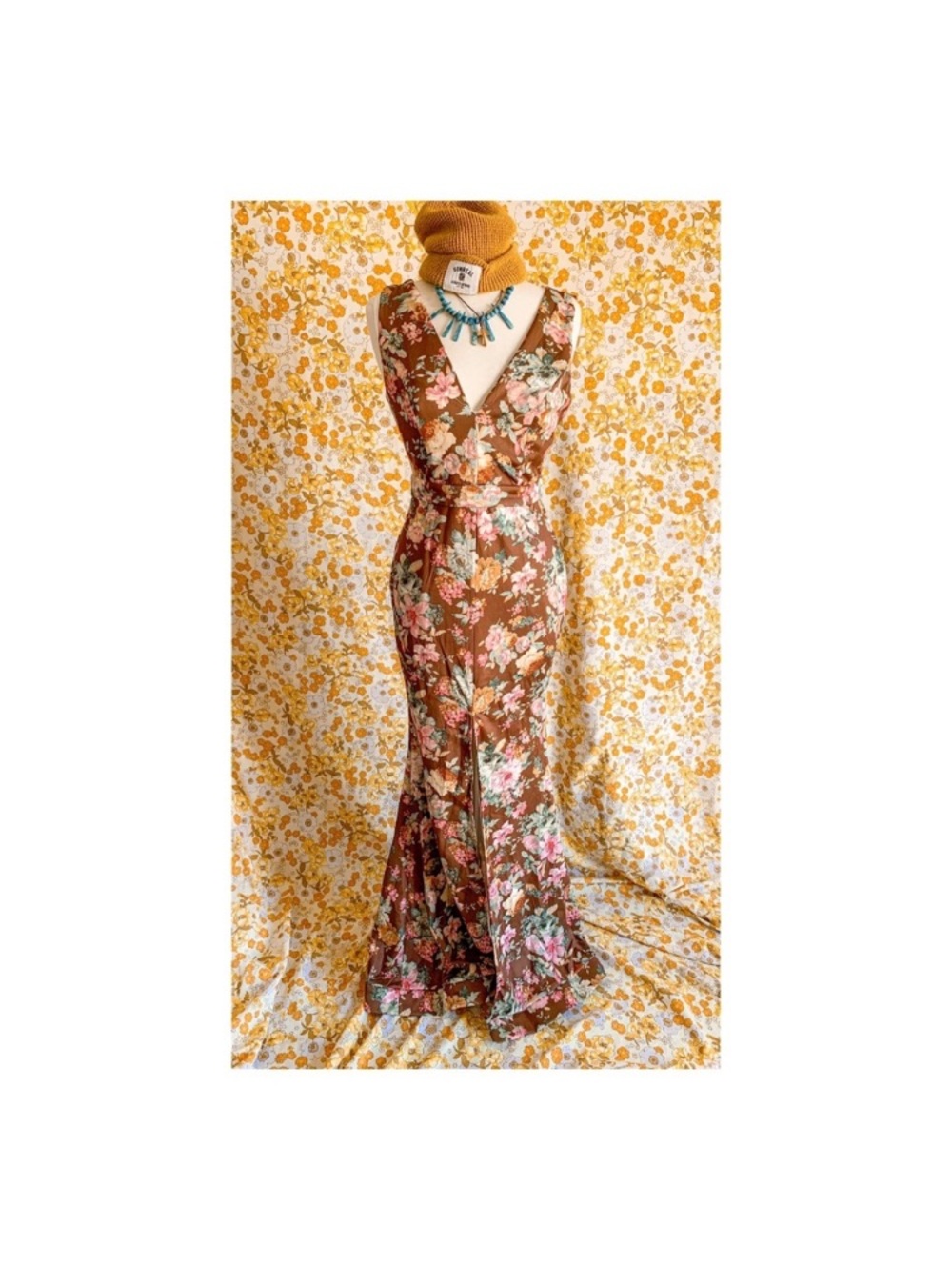 Vintage Southwestern Boho Rust Floral Wrap Midi dress